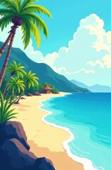 Tropical beach with palm trees, bungalow, and turquoise water in cartoon style