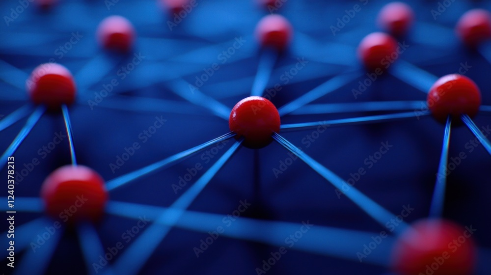 Poster abstract network connection: interconnected red spheres on a blue background