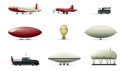 Set of Transport Icons Depicting Aerial Vehicles Including Weather Balloon Blimp and Airship Floating Against a Bright White Background in a 16 9 Aspect