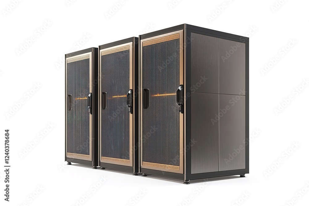 Poster powerful server racks: a side view of three massive data center cabinets, showcasing robust technolo