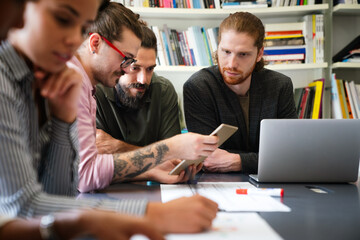 Happy software developers working on meeting, Programming advanced code artificial intelligence.