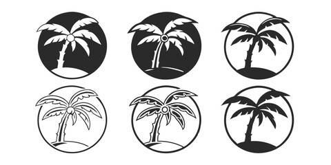 Contemporary palm tree icon set features single color illustrations of palm trees suitable for cutting, tattoo designs, or as modern palm art design elements vector