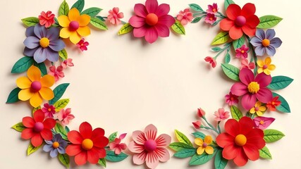Obraz premium Colorful frame made of papercut flowers on light blue background, vibrant, frame, summer