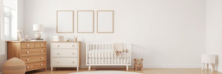 Modern baby room interior with a cozy crib, cute posters, and a stylish chest of drawers, modern, room, interior