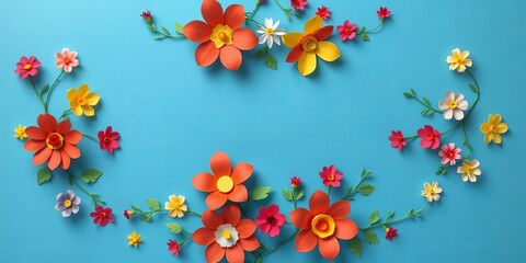 Fototapeta premium Colorful paper cut flowers in various shapes and sizes spread out on a vibrant blue background, creating a visually captivating display, vibrant, decoration, craft