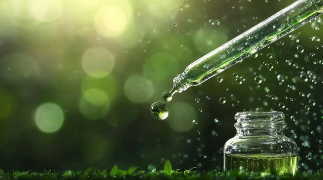 Natural remedy dropper creating healing elixir in lush green environment