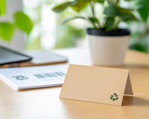 Blank Recycled Paper Place Card on Desk with Green Plant and Charts Eco Friendly Office Concept