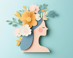 Paper Craft Woman Profile Adorned with Vibrant Floral Headpiece Springtime Pastel Colors