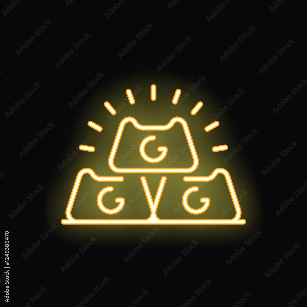 Poster neon sign representing a stack of three gold bars shining with glowing rays on a black background