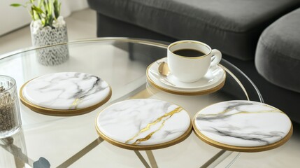 Fototapeta premium Luxury Marble Coasters with Gold Accents - Exquisite Table Decor