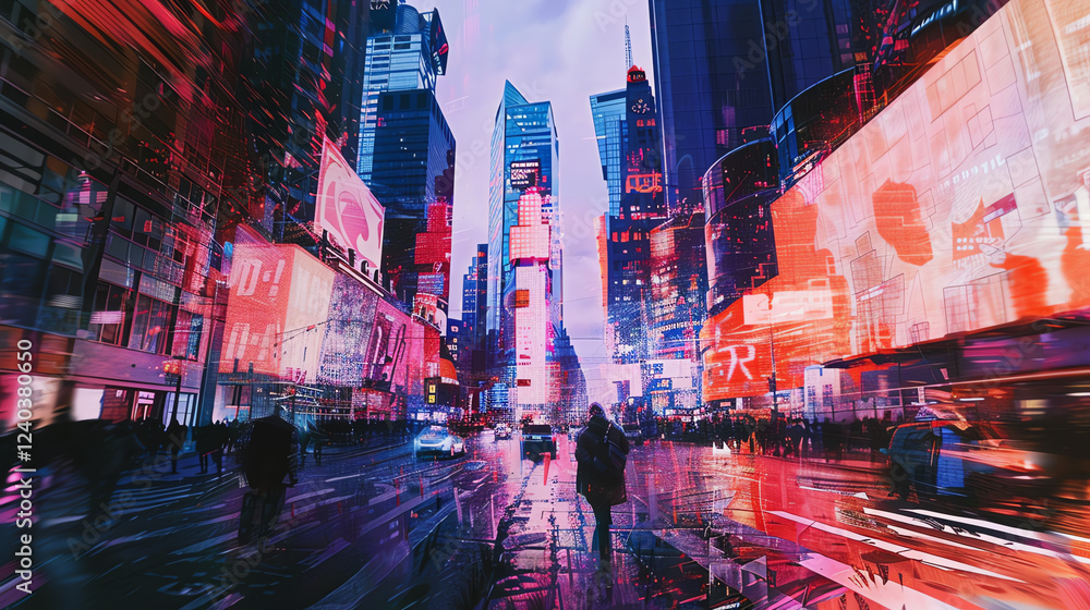 Poster illustrate a futuristic dystopian cityscape using glitch art techniques, capturing virtual reality e