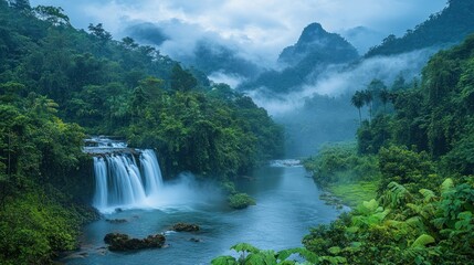 Fototapeta premium Serene Waterfall Cascades Through Lush Tropical Rainforest