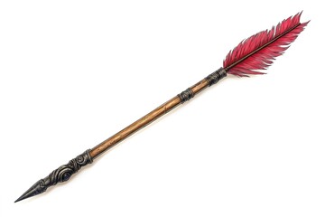 Ancient Weapon: Rustic Wooden Spear with Vibrant Red Feather, Primitive Hunting Tool, Tribal Artifact, Historical Relic, Indigenous Weaponry, Hunter's Spear, Handcrafted Arrow, Symbolic Arrow, Vintage