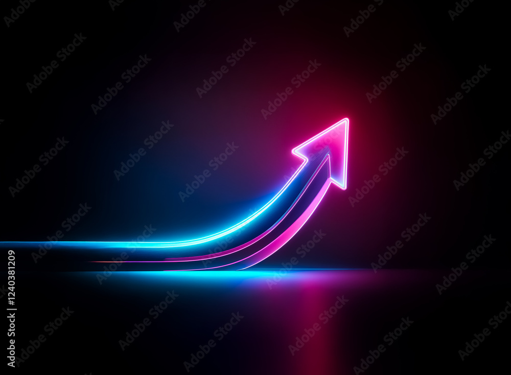 Poster glowing neon arrow ascends in a dark space, symbolizing growth and progress. its vibrant pink and bl
