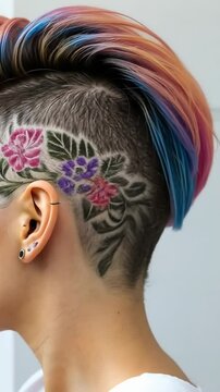 Woman with floral tattoo under shaved rainbow hairgears head in profile