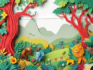 Paper cut style jungle landscape with colorful animals including lion, monkey, and elephant, created using generative AI technology, landscape, illustration, monkey