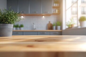 Sunny kitchen table, plant, blurred background