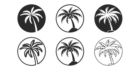Contemporary palm tree icon set features single color illustrations of palm trees suitable for cutting, tattoo designs, or as modern palm art design elements vector