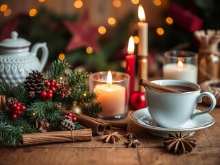 Cozy Christmas tea cup still life with festive decorations on a wooden table, decoration, holiday, warm