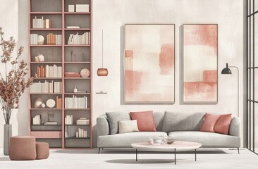 Modern living room, neutral palette, bookshelf, artwork, window view, interior design