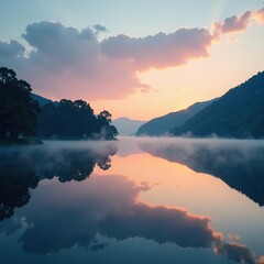 A serene lake at dawn with mist rising from the water, mist, serene