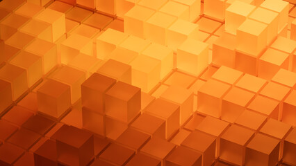 Orange and Yellow, Translucent Cubes Precisely Arranged to create a Innovative Tech Wallpaper. 3D Render.