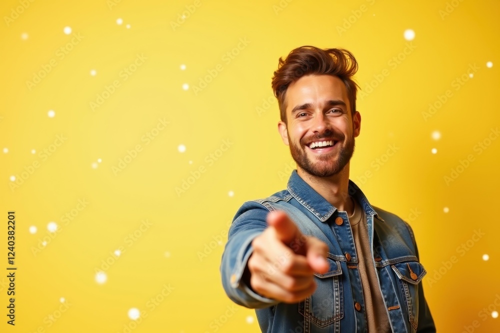 Poster man is pointing at camera with smile on his face