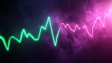 Neon green line graph rising through purple smoke, dark background, data visualization, website banner