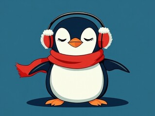 Fototapeta premium Cute cartoon penguin wearing winter earmuffs