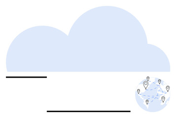 Large cloud above globe with geolocation markers and connecting lines. Ideal for cloud storage, global connectivity, data sharing, communication, network security, IoT, abstract line flat metaphor