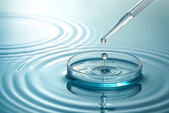 Petri Dish on a Reflective Surface With Water Droplet About to Fall