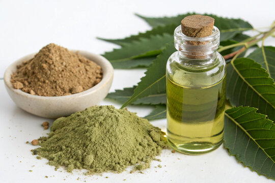 Pure neem oil bottle next to crushed neem powder