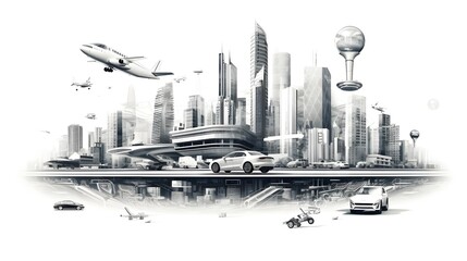 Showcasing the icons and elements of a futuristic city landscape featuring autonomous vehicles drone technology and other advanced transportation innovations