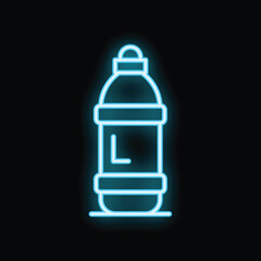 Blue neon icon of a water bottle glowing on a black background