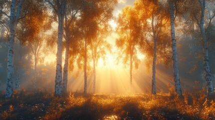 Fototapeta premium Golden Sunlight Illuminates Autumnal Birch Forest