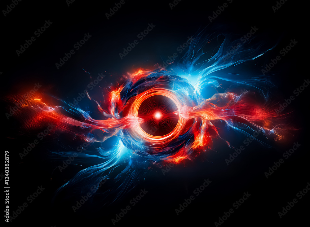 Aufkleber Abstract swirling energy forms in vibrant red and blue hues, converging around a central dark core.  A dynamic display of contrasting colors and motion.