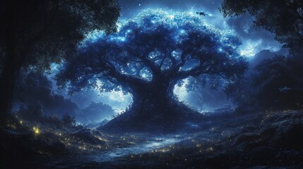Fototapeta premium Enchanting Luminescent Tree In A Dark Forest At Night