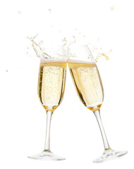 PNG Two champagne glasses clinking together at the center splash drink wine.