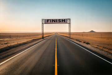 Straight Road Leads to a Finish Line in a Vast Desert Landscape at Sunset