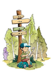 Boy scout looking at a map next to a sign