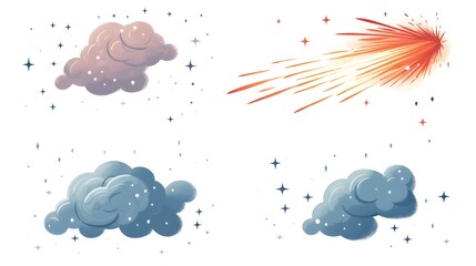 Minimalist weather icons featuring a meteor shower shooting stars and comets on a clean white background  This digital showcases a modern contemporary design with a focus on simplicity and minimalism