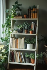 Minimalist ladder shelf displaying books and succulents for a simple home decor
