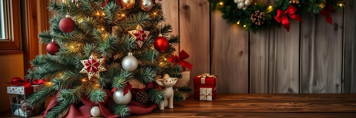 Rustic Christmas decor with wooden table and tree adorned with lights and ornaments, traditional, season, ornaments