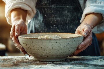 Fototapeta premium Baker's hands carefully hold a large bowl of freshly mixed dough, ready for baking.