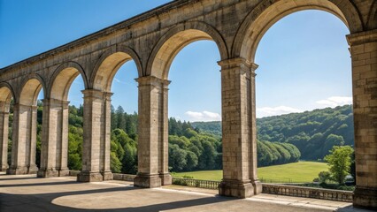 Fototapeta premium Long Colonnade of Stone Arches Overlooking Lush Valley Landscape