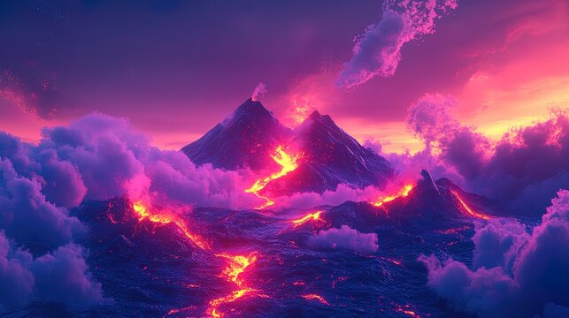 A surreal volcanic landscape with glowing lava streams and abstract smoke patterns