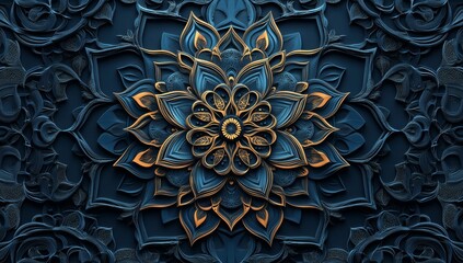 Blue gold 3D mandala art deco pattern background