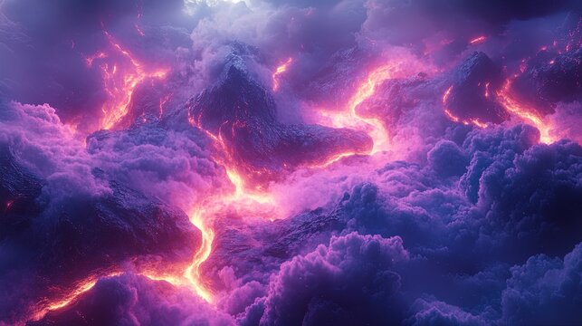 A surreal volcanic landscape with glowing lava streams and abstract smoke patterns
