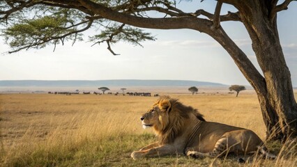 Majestic Male Lion Observes Wildebeest in African Savanna