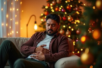 Man with stomach pain holding belly sitting on sofa, Christmas tree background, festive cozy home setting, winter holiday health concept, warm lights mood relaxation